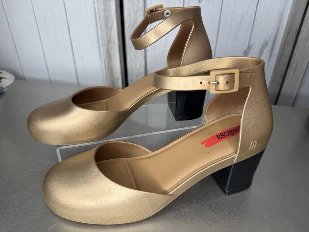 Melissa Gold Metallic & Black Shoes Heels Classic Size 7 Hollywood Glam